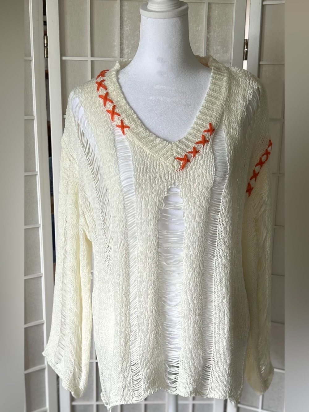POL Distressed Knit Sweater – Cream w/ Orange Stitch Detail – Boho Chic Size L
